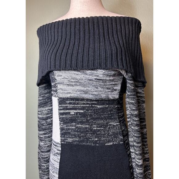 Y2K Cache Foldover Off Shoulder Medium Striped Colorblock Knit Tunic Sweater - Picture 3 of 8
